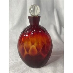 Beautiful Cranberry Red Faceted Art Glass Pairpoint Flask Bottle w/ Stopper
